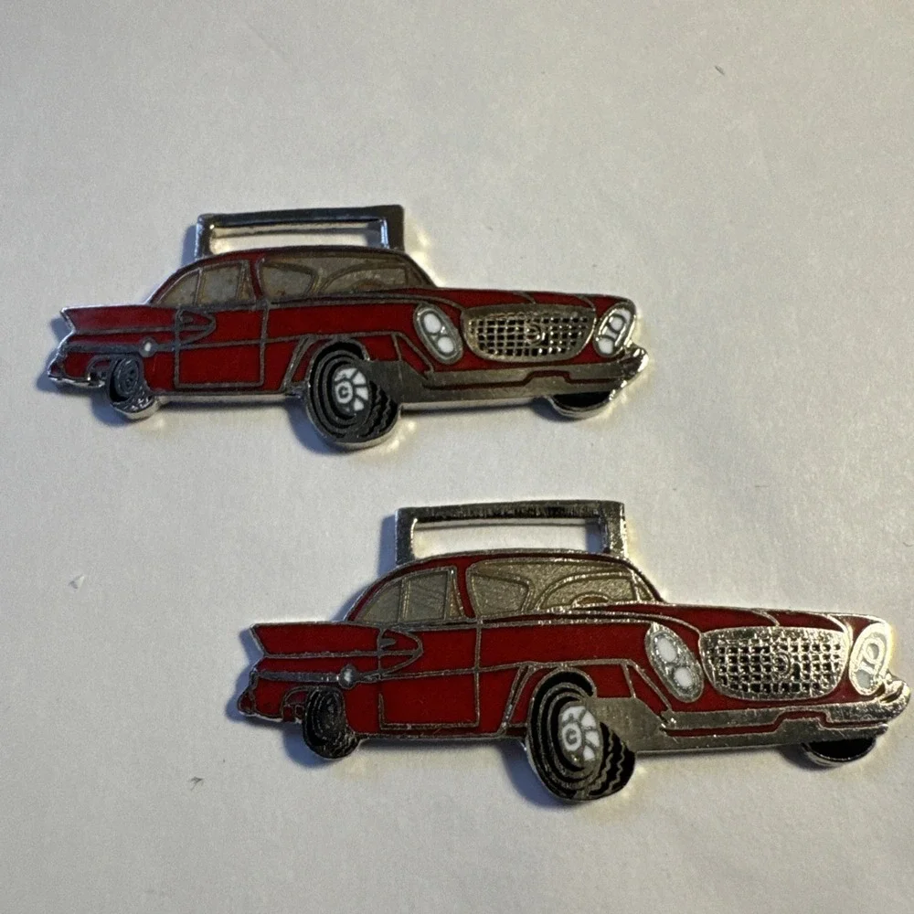 2pcs Vintage Old Antique Car Auto Metal & Enamel Pocket Watch Fob Keychain